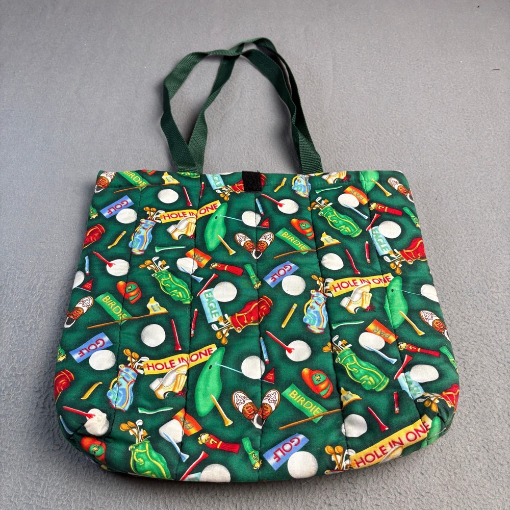 Vintage Golf Print Quilted Tote Bag Green Hole In One Novelty Sports Handmade
